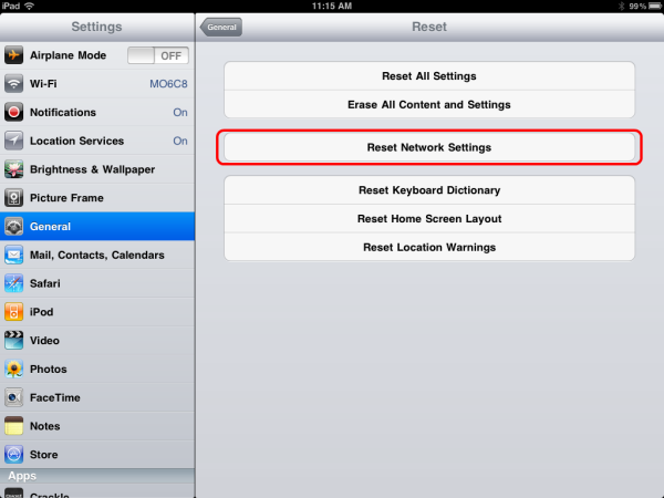 طريقة عمل إعادة إعدادات الشبكة للواي فاي الخاص بالايباد 